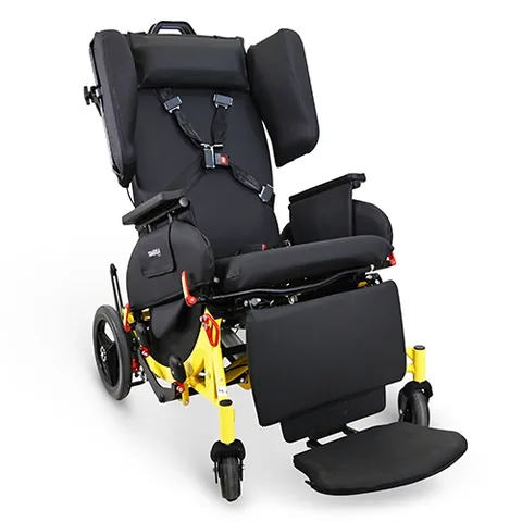 The Broda Traversa transport chair, shown from the side with the leg rest extended