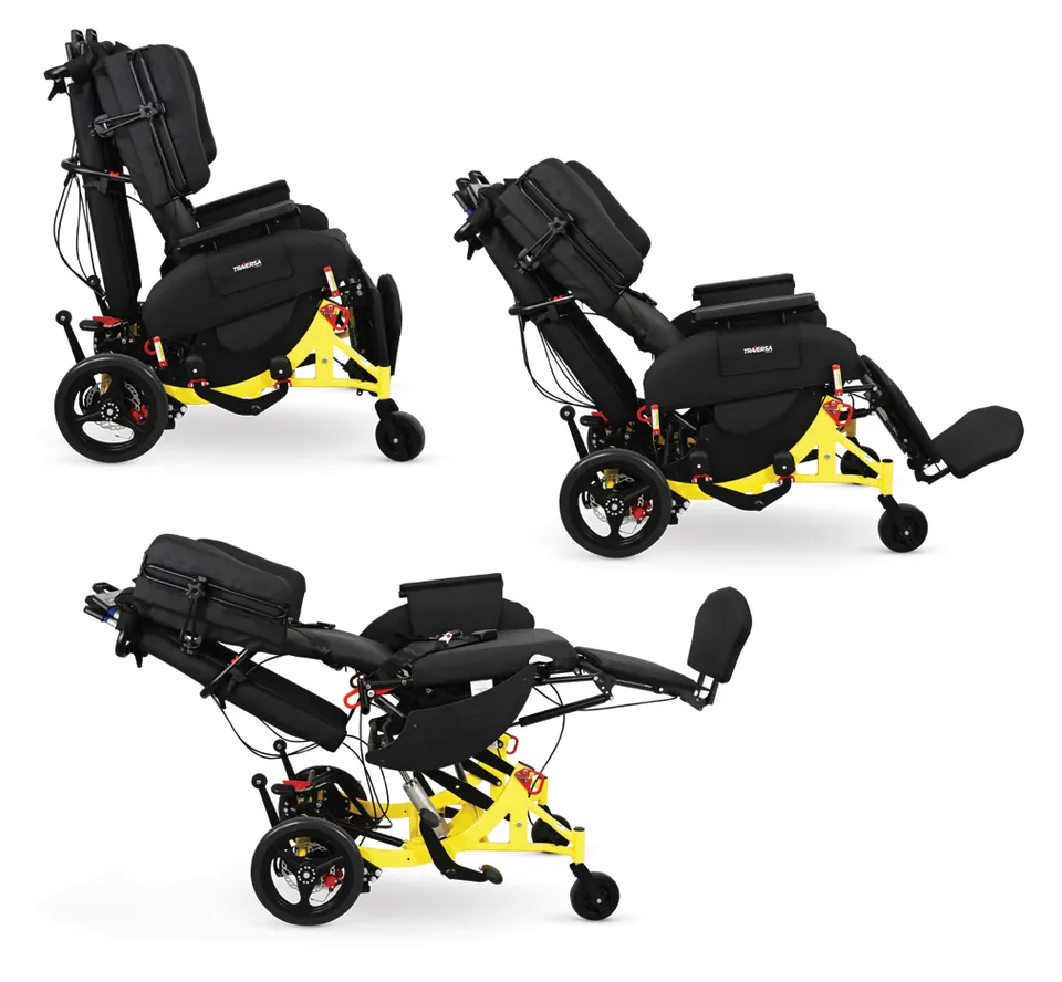 The Broda Traversa chair shown in three positions: upright, tilted, and fully reclined